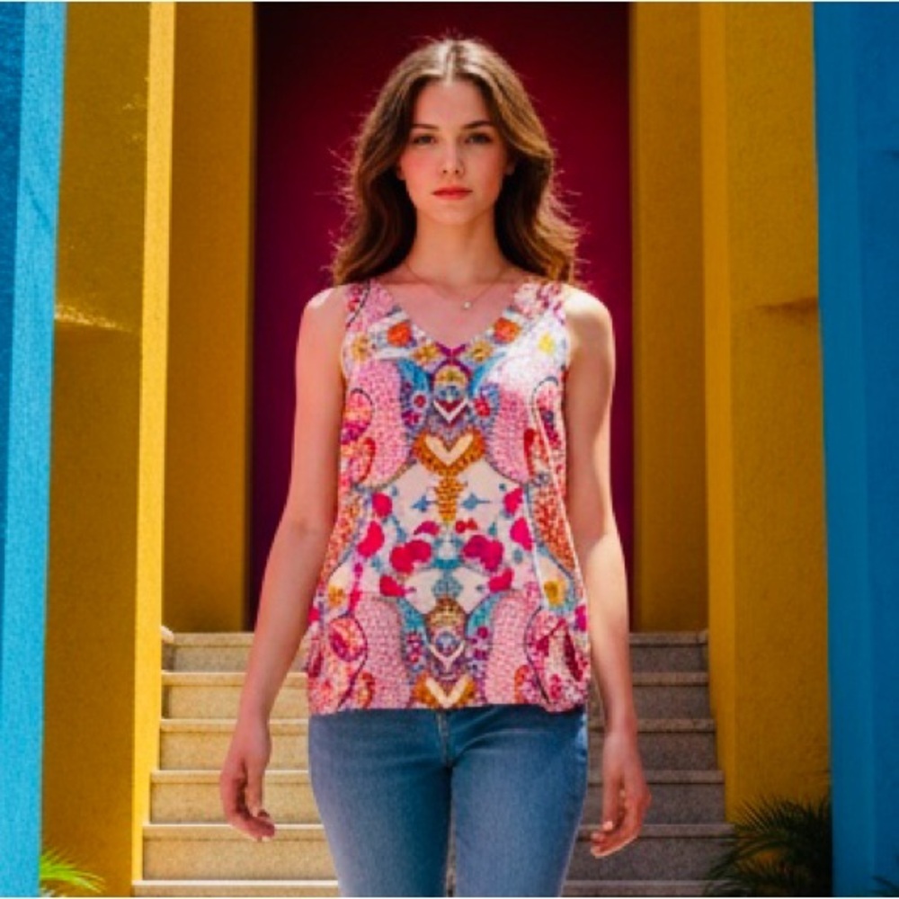 EUC Tabitha Webb SZ S sleeveless top w/paisley floral pattern, bust 38”/PTP 19”